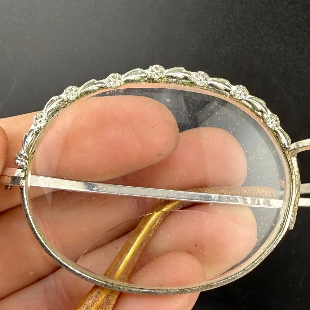Vintage Eyeglasses Silver Tone Floral Engraved Oval Frame USA